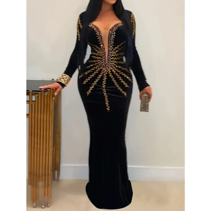 Elegant Velvet Long Gown with Rhinestone Detail - V-Neck, Long Sleeve, Bodycon Maxi Dress for Women - Perfect for Parties & Banquets, Formal Dresses Elegant Plus Size