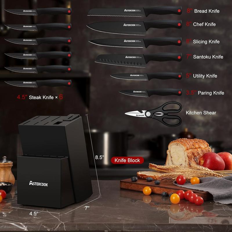 Astercook 15-Pcs Black Kitchen Knife Set, High Carbon Stainless Steel, Serrated Blades, Built-in Sharpener, for Chopping, Dicing, Steak Knives.