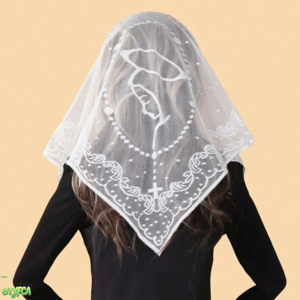 Lace Triangle Church Veil Shawl With Virgin Mary Embroidery, Sheer Hollow Out Lace Headscarf, Medugorje Pattern Decorative Scarf, Lightweight Wrap For Catholic Mass, Wedding Ceremonies And Religious Devotional Occasions