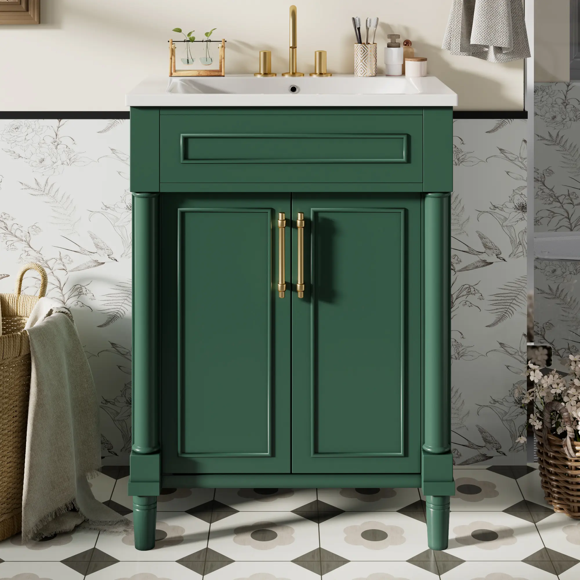 Nokaa 24 Inch Bathroom Vanity with Integrated Ceramic Sink, Single Sink Floor Cabinet with 2 Doors, Freestanding Storage Cupboard for Small and Medium Restroom, Bathroom Furniture for Vanity Area, Storage, Remodel, Green Finish