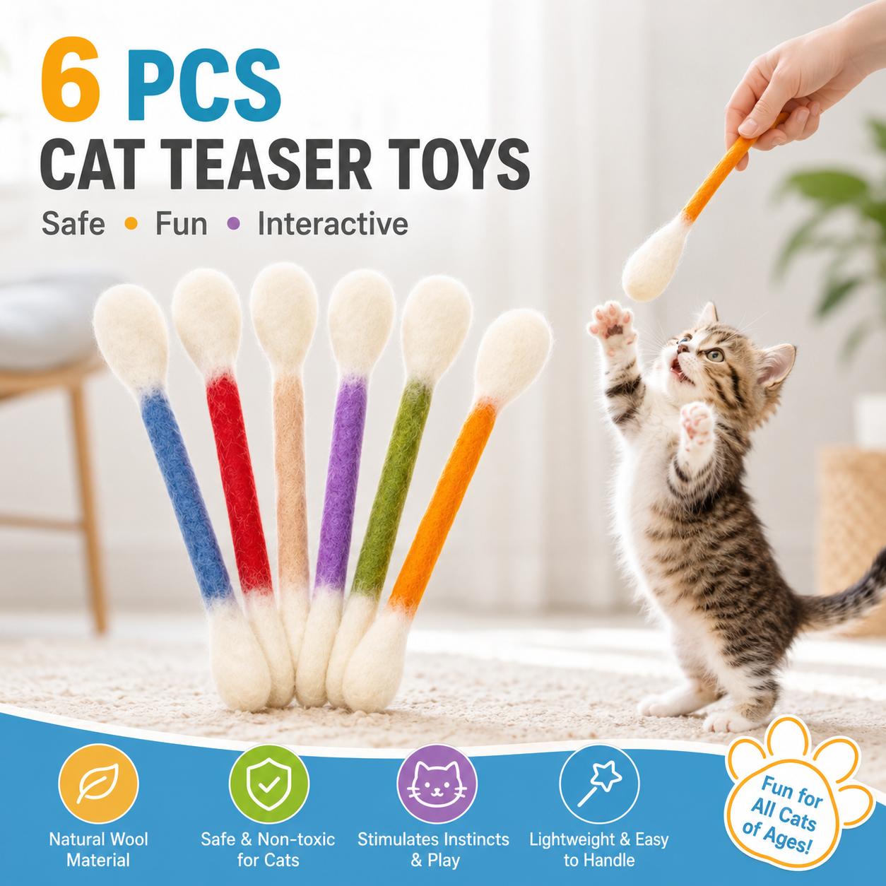 6 Pack Giant Cotton Swab Shaped Cat Toys, Soft Felt Teething Sticks, Durable Interactive Indoor Kitten Chew Toys, Anxiety & Boredom Relief Pet Accessories, Dental Cleaning Play Toys for Daily Cat Entertainment-YY1