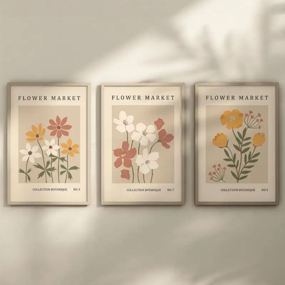 3-Piece Optional Wooden Frame Bohemian Abstract Flower Market Plant Poster Moisture-proof Canvas High Saturation No Color Difference Nordic Living Room Mural