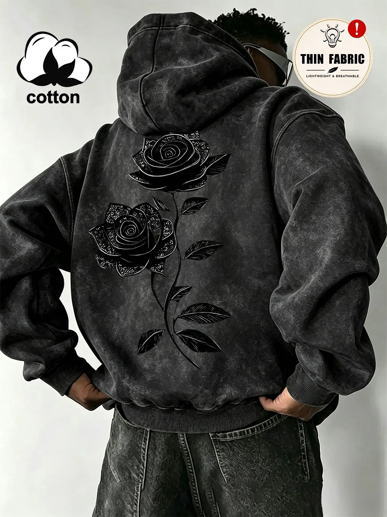 Men's Cotton Pullover Hoodie, Loose Fit, Breathable and Durable, Gothic Rose Print, Casual Street Style, All Seasons