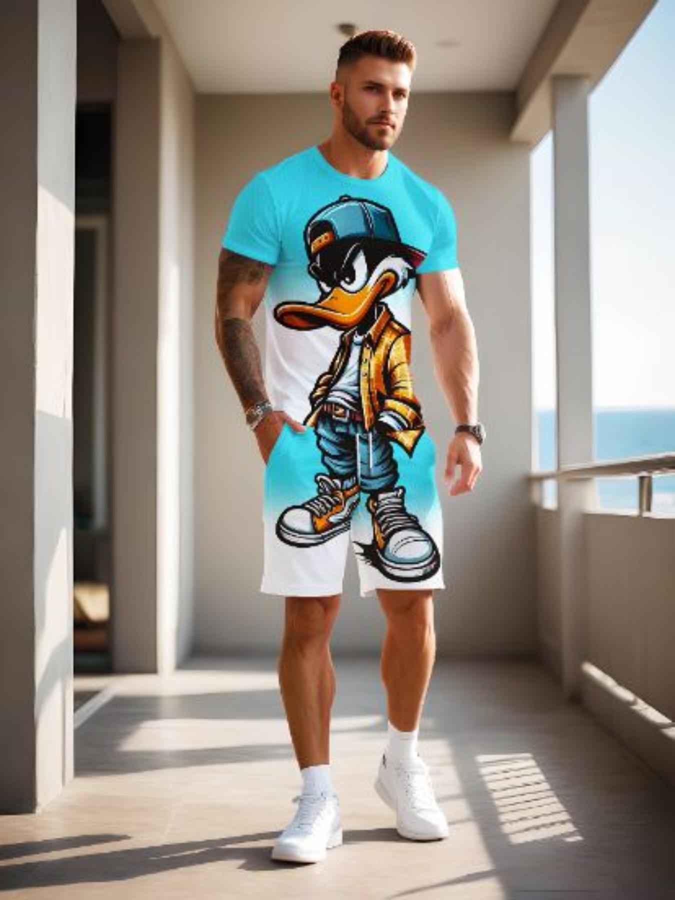 Men's Summer Gradient Patchwork Set, Cartoon Pattern Short Sleeve T-Shirt and Shorts, Breathable and Quick-Dry, Ideal for Outdoor Activities
