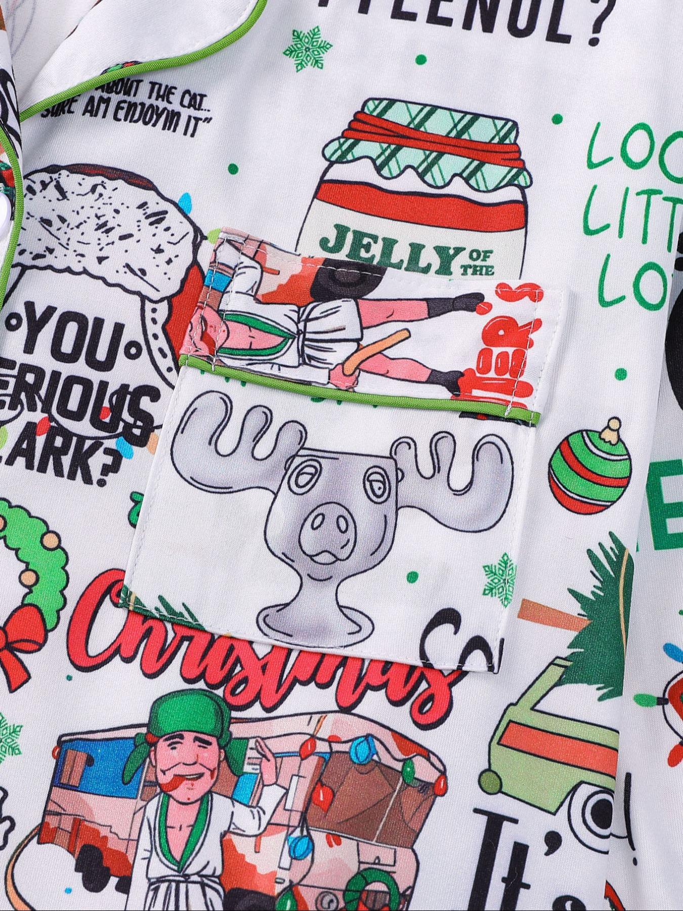 【Christmas Pajamas】It's A Beaut Clark Christmas Women's Set, Long Sleeve Button Front Top & Elastic Pants, Soft Comfortable Holiday Sleepwear & Loungewear for Women