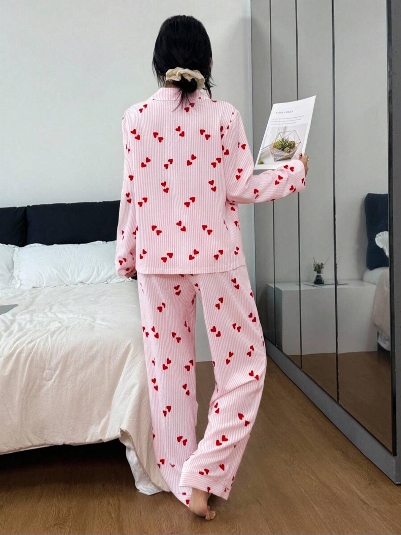 Women's Heart Stripe Print Button Front Shirt and Elastic Waist Pants Pajama Set, Cute Sleepwear for Spring & Fall, pjs
