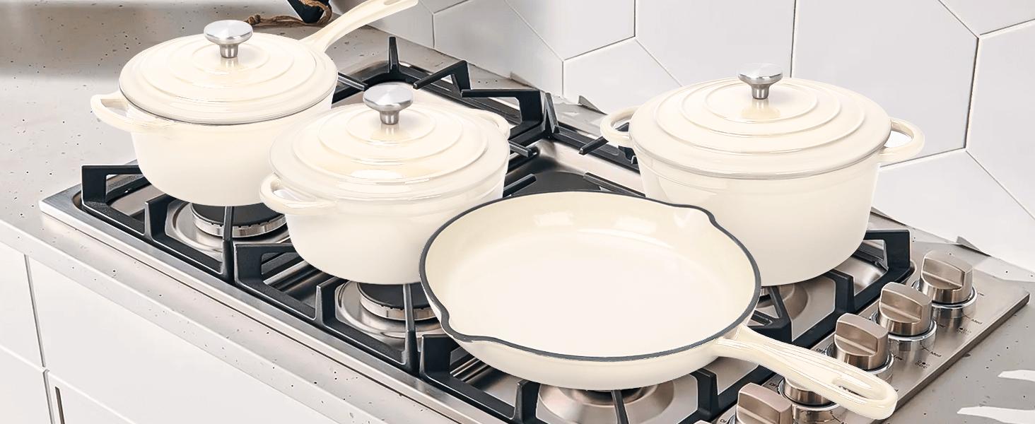 Uniflasy 7-Piece Enameled Cast Iron Cookware Set - Dutch Oven, Sauce Pan & Skillet with 3 Lids, Heavy Duty PFOA-Free Ceramic Coated, Gas/Induction/Oven Safe