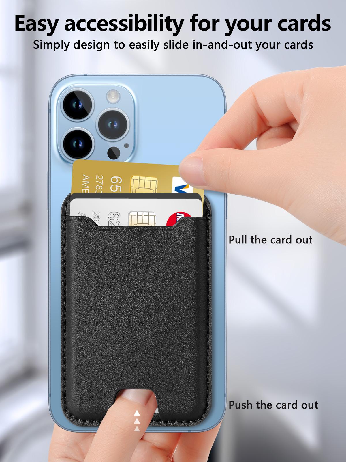 Magnetic Wallet Card Holder for Iphone 16/15/14/13/12 Series,Fit 4 Cards, Leather Material, Black Shockproof - Clip phone cooler multifunctional phone stand Electronics Accessories   Spring