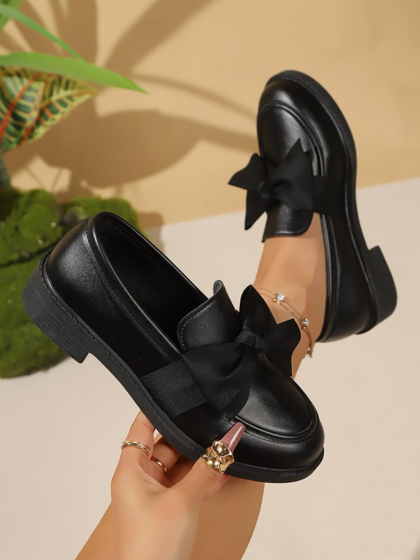 Women's Chunky Heel Patent Leather Loafer Shoes, Plain Design PU Upper Material Rubber Sole, Preppy Style Less Than Ankle Height