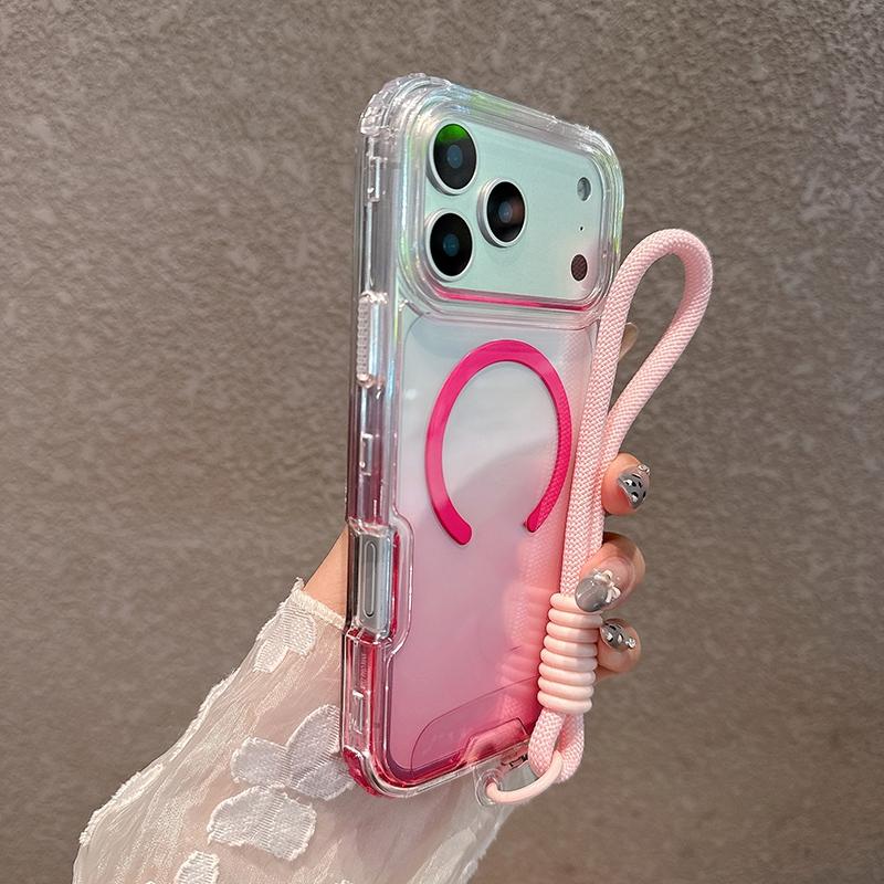 Gradient Color Case For iPhone 17 Air 16 15 14 13 12 11 Pro Max 16 Plus Straps Shockproof Lanyard Magnetic Charge Clear Cover Adjustable Phone Strap