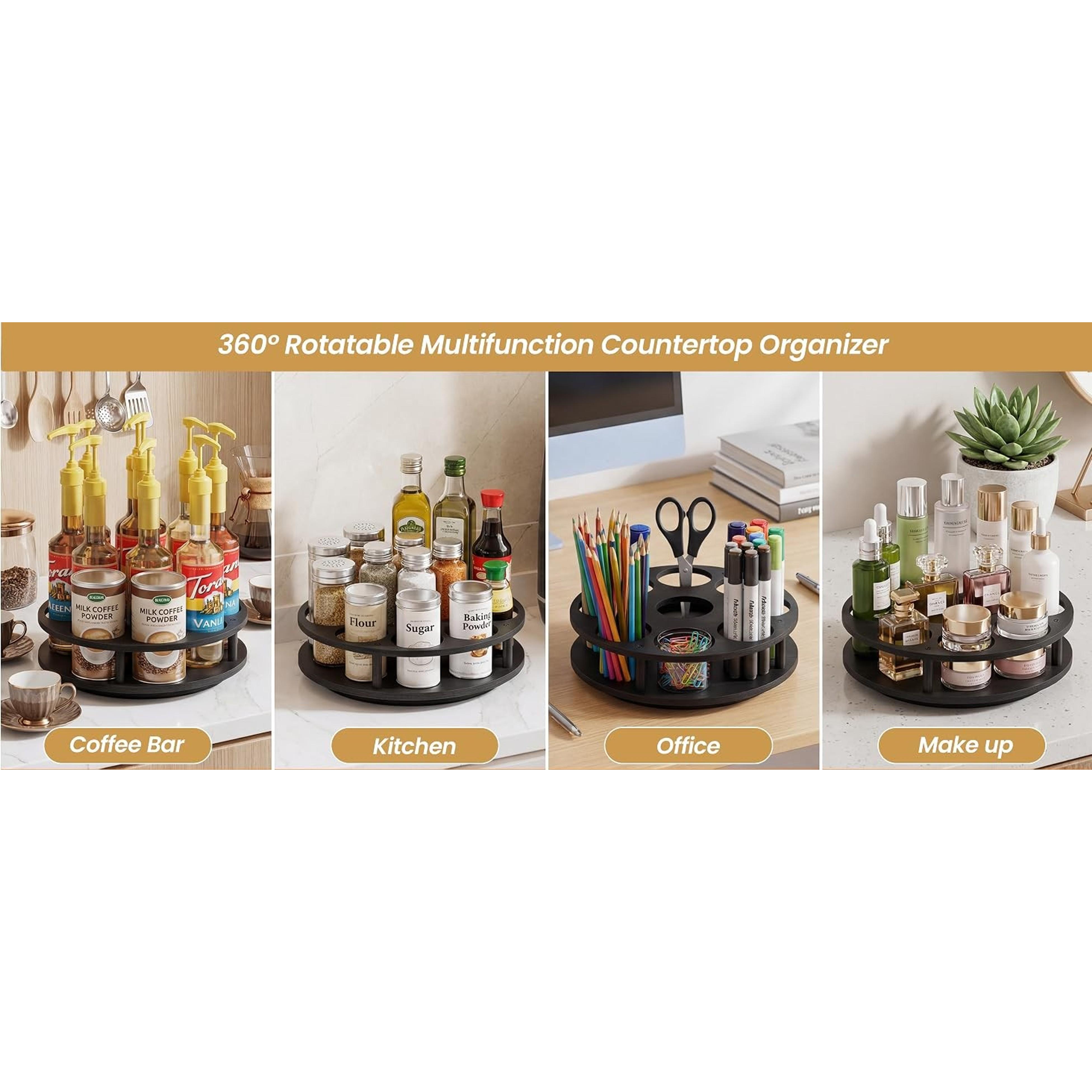 Rotating Coffee Syrup Organizer for Countertop, 9-Bottle Wooden Syrup Rack & Bottle Holder for Coffee Bar Station, Turntable Display Stand, Black