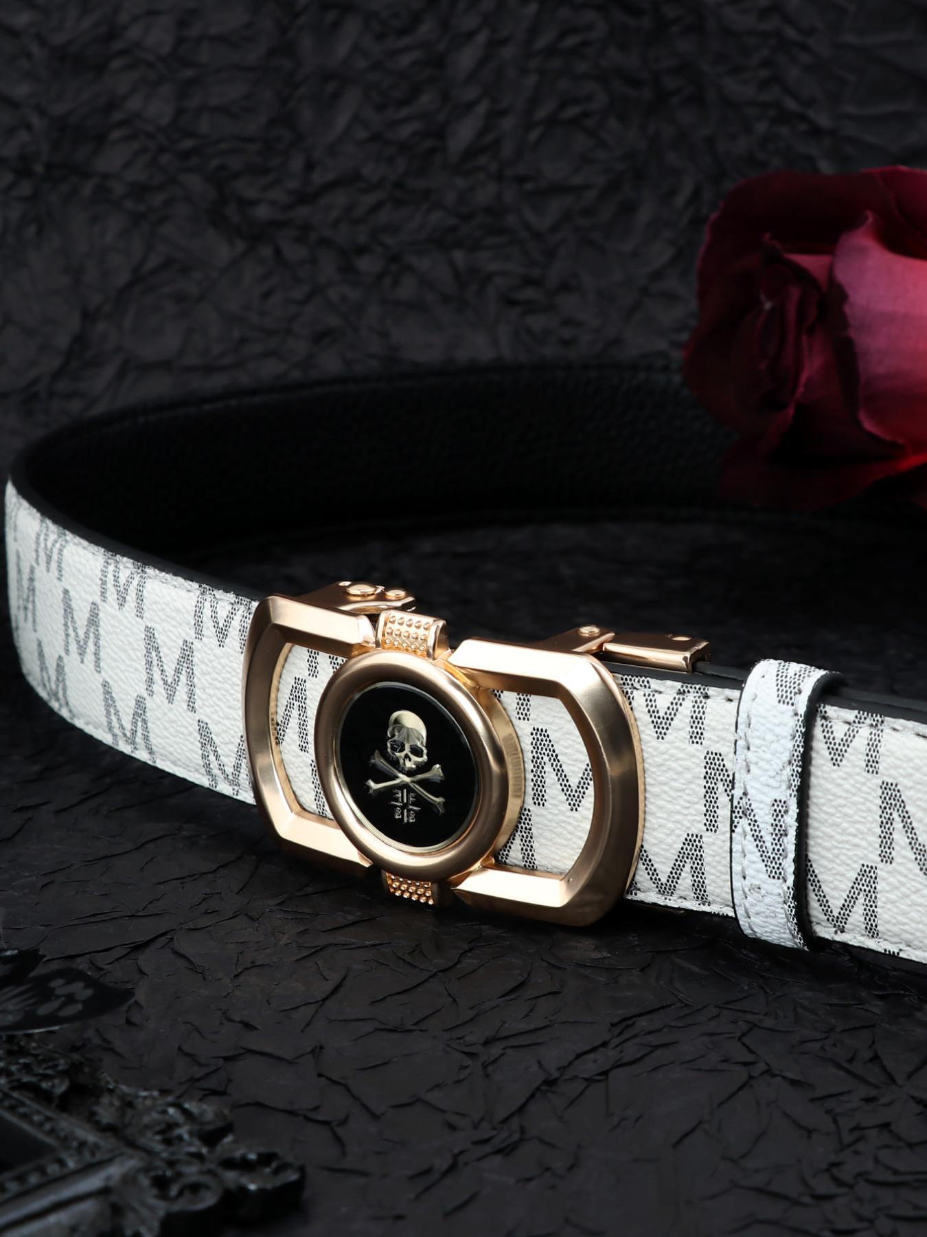 New Trendy Skull Head Automatic Buckle Belt, M Letter Printed Waistband, Men's Fashion Versatile Casual Punk Pants Belt