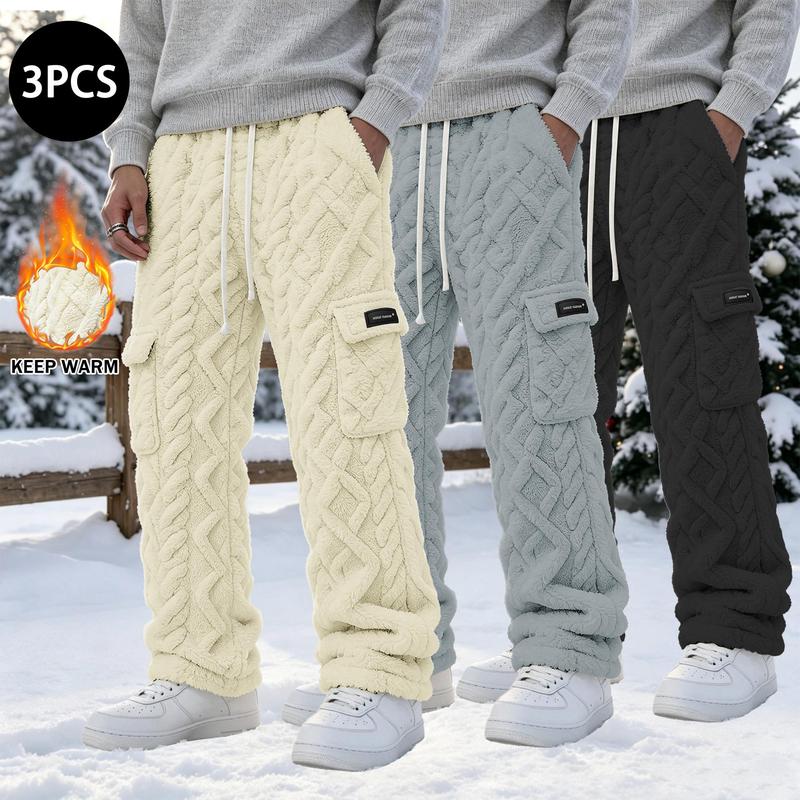 Men's Thick Fleece Lined Cargo Joggers, High Waist Drawstring Loose Wide Leg Thermal Trousers, Multi Pocket Warm Winter Pants, Soft Plush Fabric Casual Streetwear Bottoms for Daily Outdoor