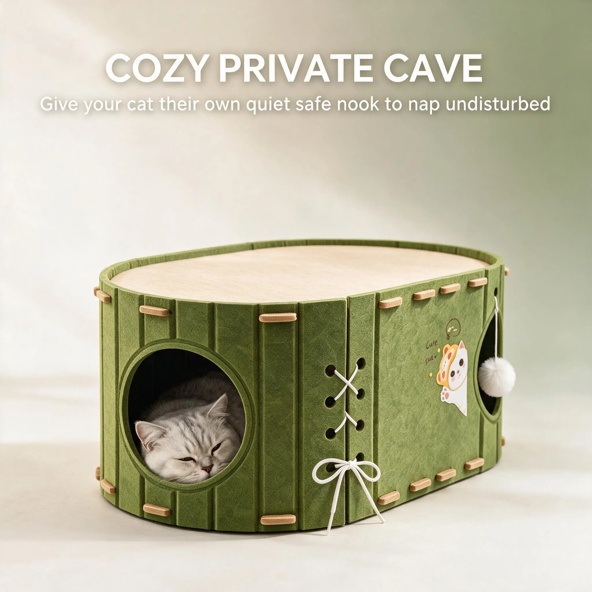 Cozy Private Cave for Cats - Quiet Safe Nook to Nap Undisturbed - Green Cat Bed with Bow and Ball Toy