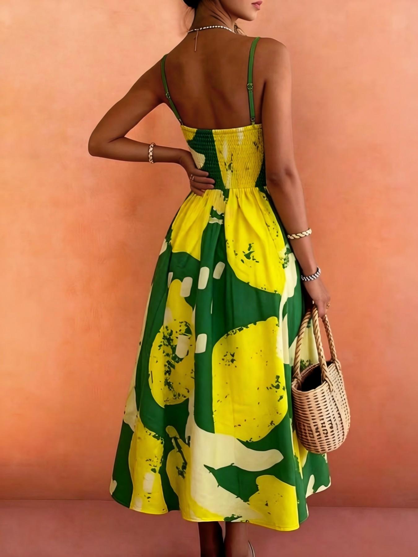 Women's Casual Resort Wear, Spaghetti Strap, Lemon and Banana Fruit Print, Pleated Back Design, Comfortable Beach Dress, Boho Beach Sundress, Boho Summer Clothes, Spring/summer Fashion, Bohemian Summer Dresses, Boho Fashion Dress
