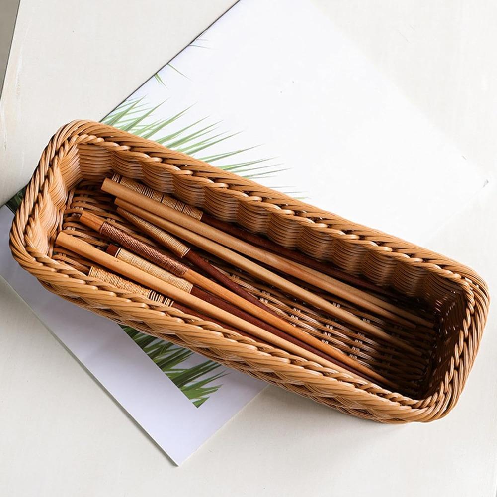 3PCS Chopsticks Fork Storage Tray Woven Cutlery Basket, Handwoven Imitation Rattan Silverware Tray for Countertops Cabinets Spoons