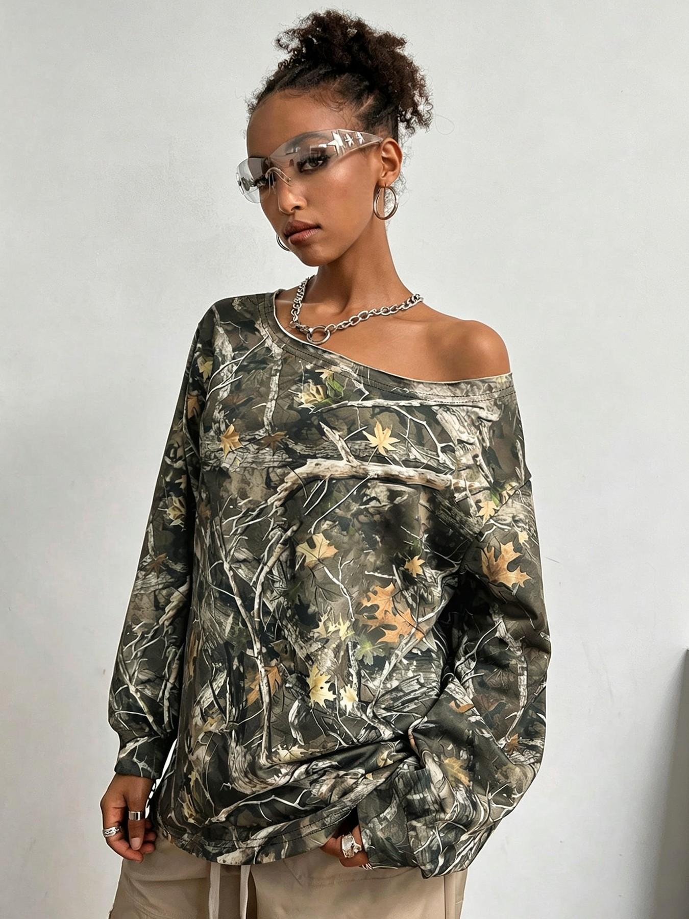 Women's Pullover Sweatshirt, Long Sleeve, Branch Texture Print, Fashionable and Comfortable, Casual Streetwear, Hip Hop, Dance, Motorcycle, Campus Style, Polyester Knit Pullover