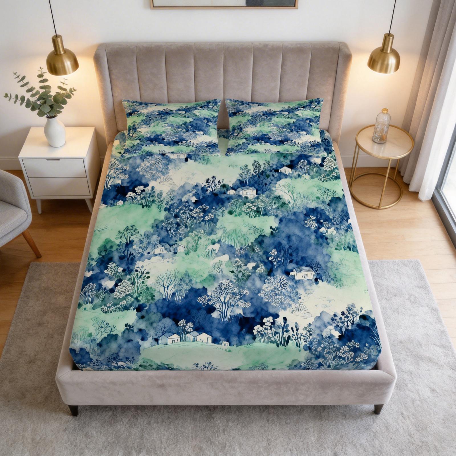 3 Pcs Watercolor Landscape Checkered Fitted Sheet Set, HD Digital Printed Fitted Sheet (No Insert), Soft Breathable Deep Pocket Mattress Cover, Aesthetic Bedroom Decor Bedding Set