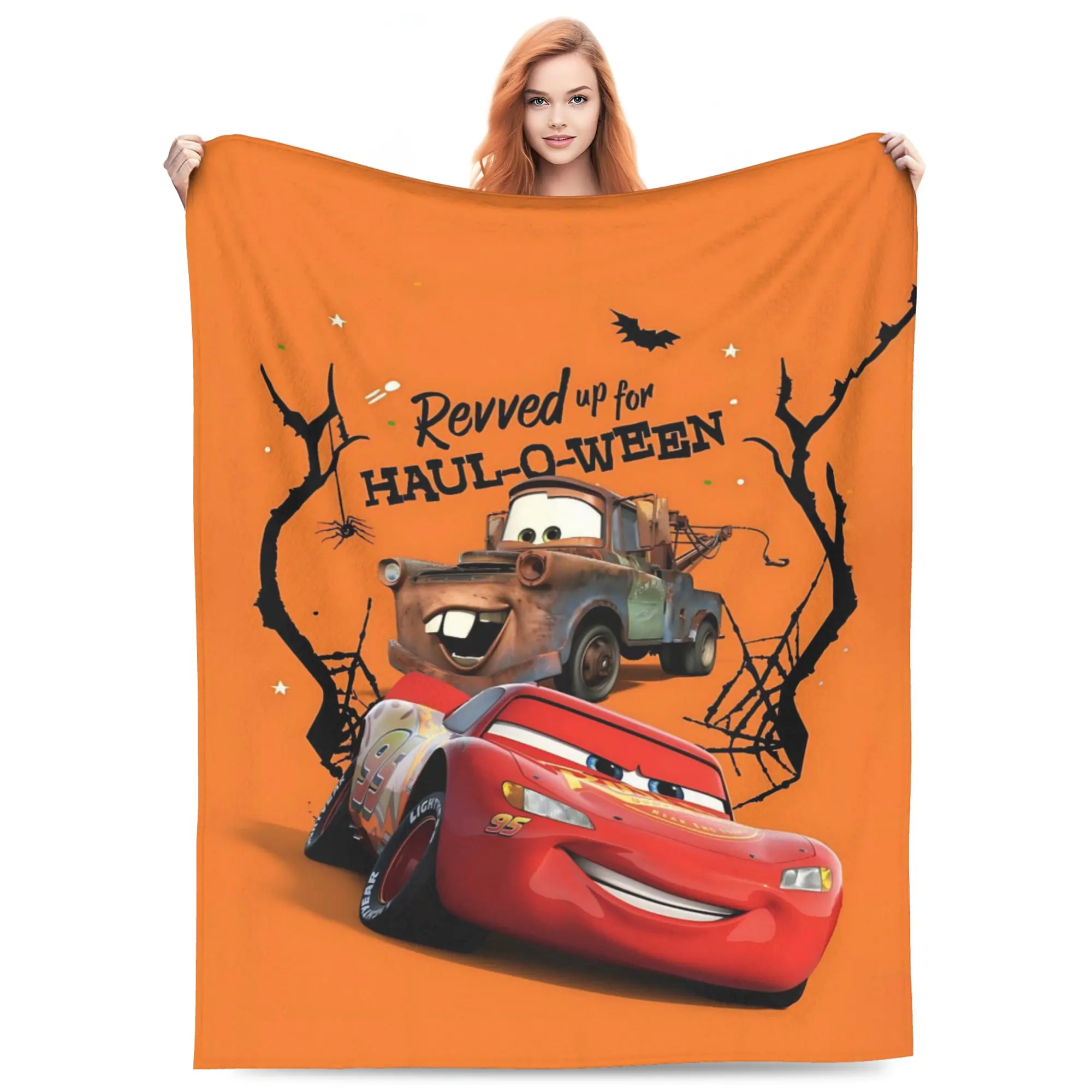Disney Classic Cars Revved Up for Haul‑O‑Ween Flannel Throw Blanket, Lightning McQueen Mater Orange Halloween Background Bat Spider Bare Tree Print Soft Cozy Blanket for Sofa Bed Kids Holiday Movie Fans Gift
