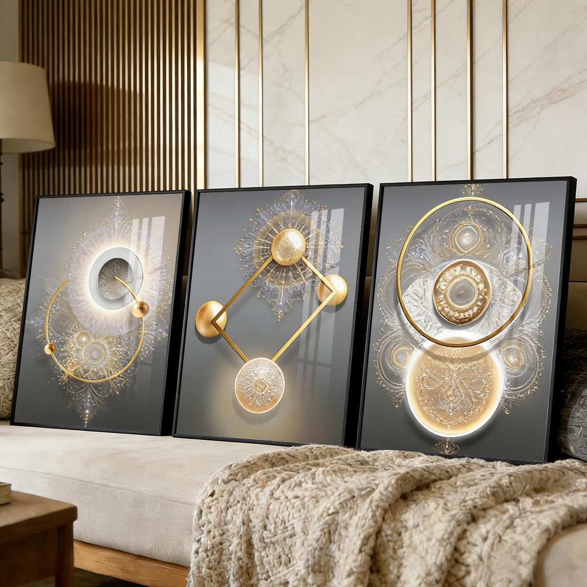 3 Counts Aluminum Alloy Framed Painting, Golden Abstract Geometry Light Art, Home Decoration For Living Room, Bedroom, Office, Restaurant, Hallway Wall Decor, Odorless Print Artwork, Luxury Perfect Gift For Friends And Family