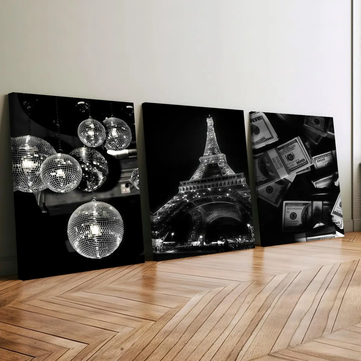 3 count wooden frame canvas, black and white disco ball Eiffel Tower senior texture triple poster, fashion poster, home decoration, modern art living room hanging picture, suitable for bedrooms, offices, wall art, waterproof