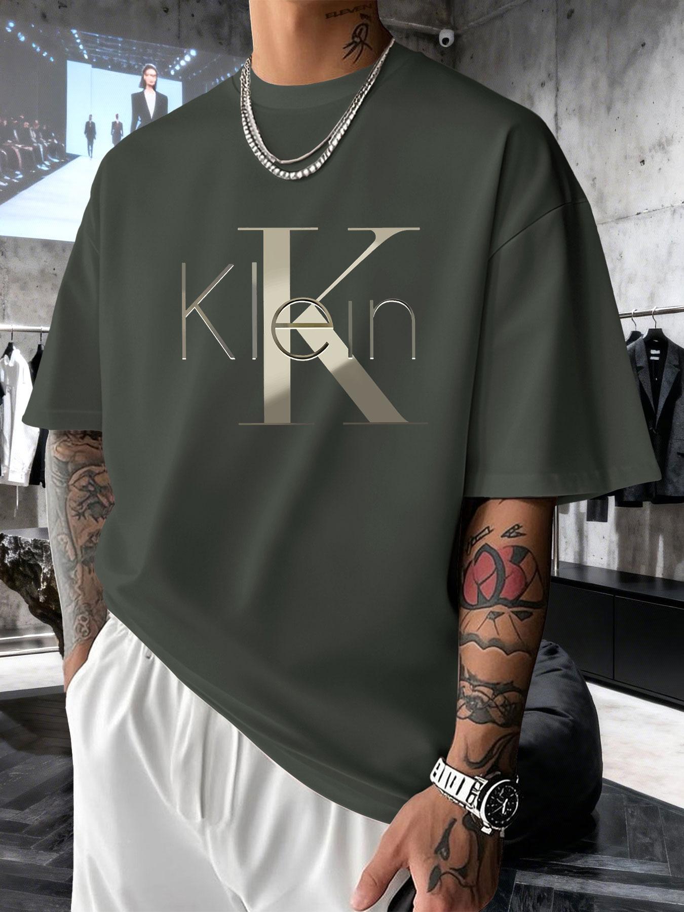 Men's Short Sleeve T-Shirt Summer Gold Embossed Klein Letter Print, Casual Loose-Fitting Long Top, All Seasons Business Fashion