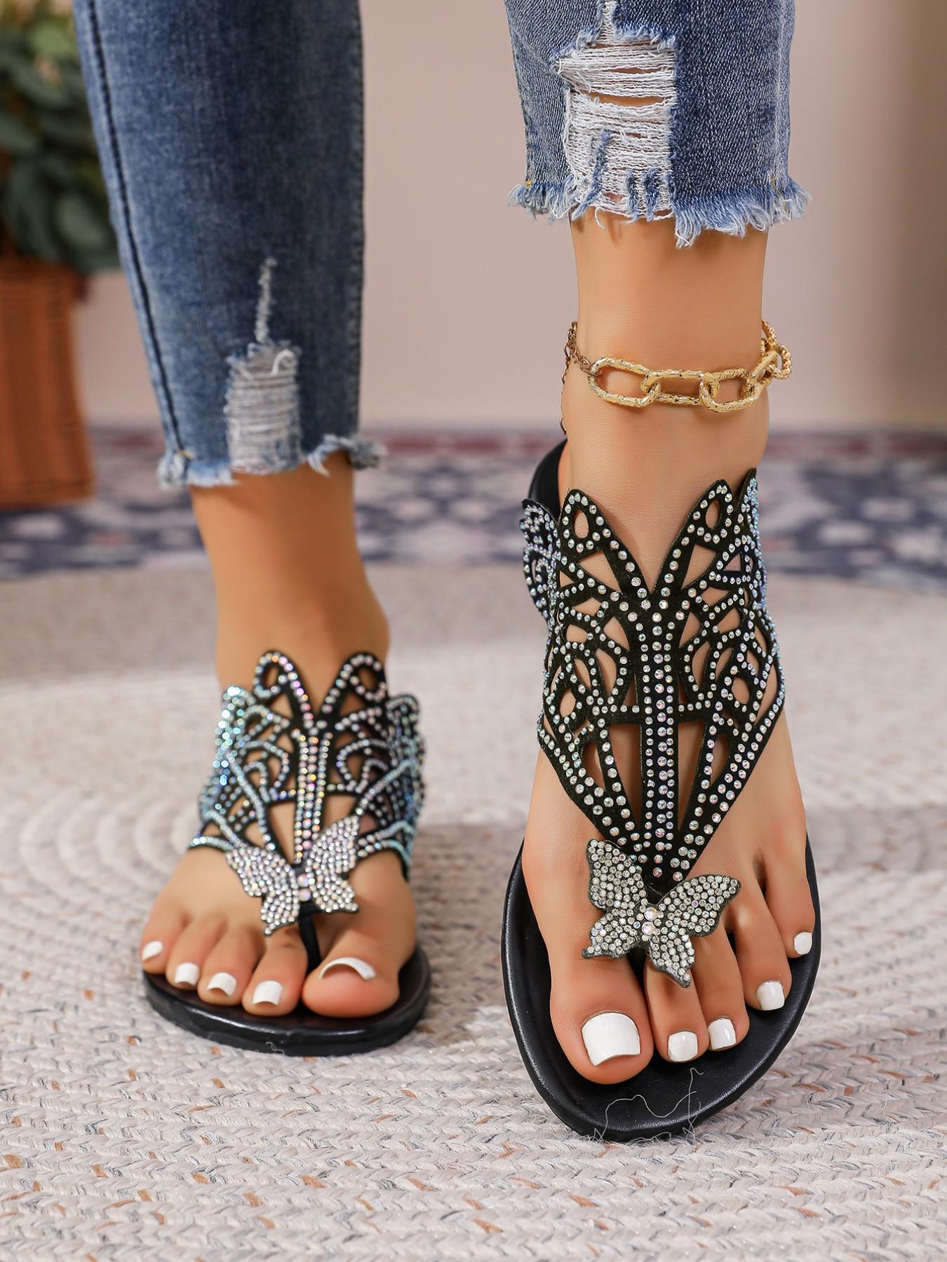 Elegant Rhinestone Butterfly Sandals, French Style Open Toe Flat Slippers, Versatile Outdoor Wear, Comfortable Summer Footwear