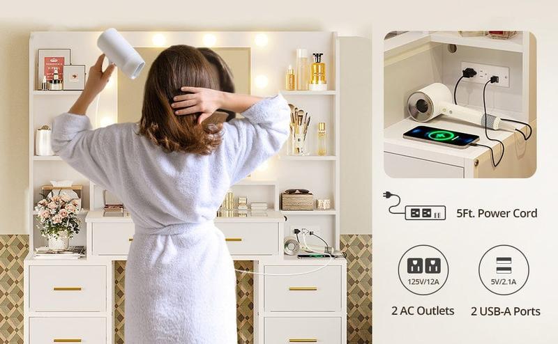 Sikaic Makeup Vanity with Mirror and Lights, 10x Magnifying Mirror & Power Outlets, Glass Top Vanity Desk Furniture Table