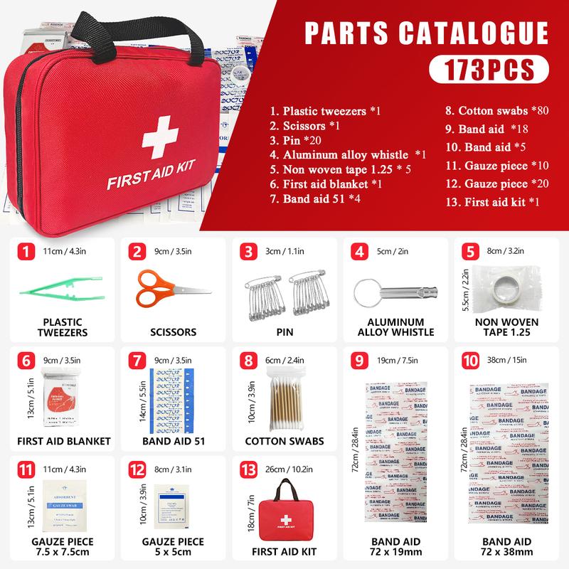 Portable Emergency Kit, 173pcs/bag Outdoor First Aid Kit, Compact Lightweight First Aid Bag for Home, Office, Car, Outdoor, Boat, Camping, Hiking Sterile Gauze Pads Medical Tape