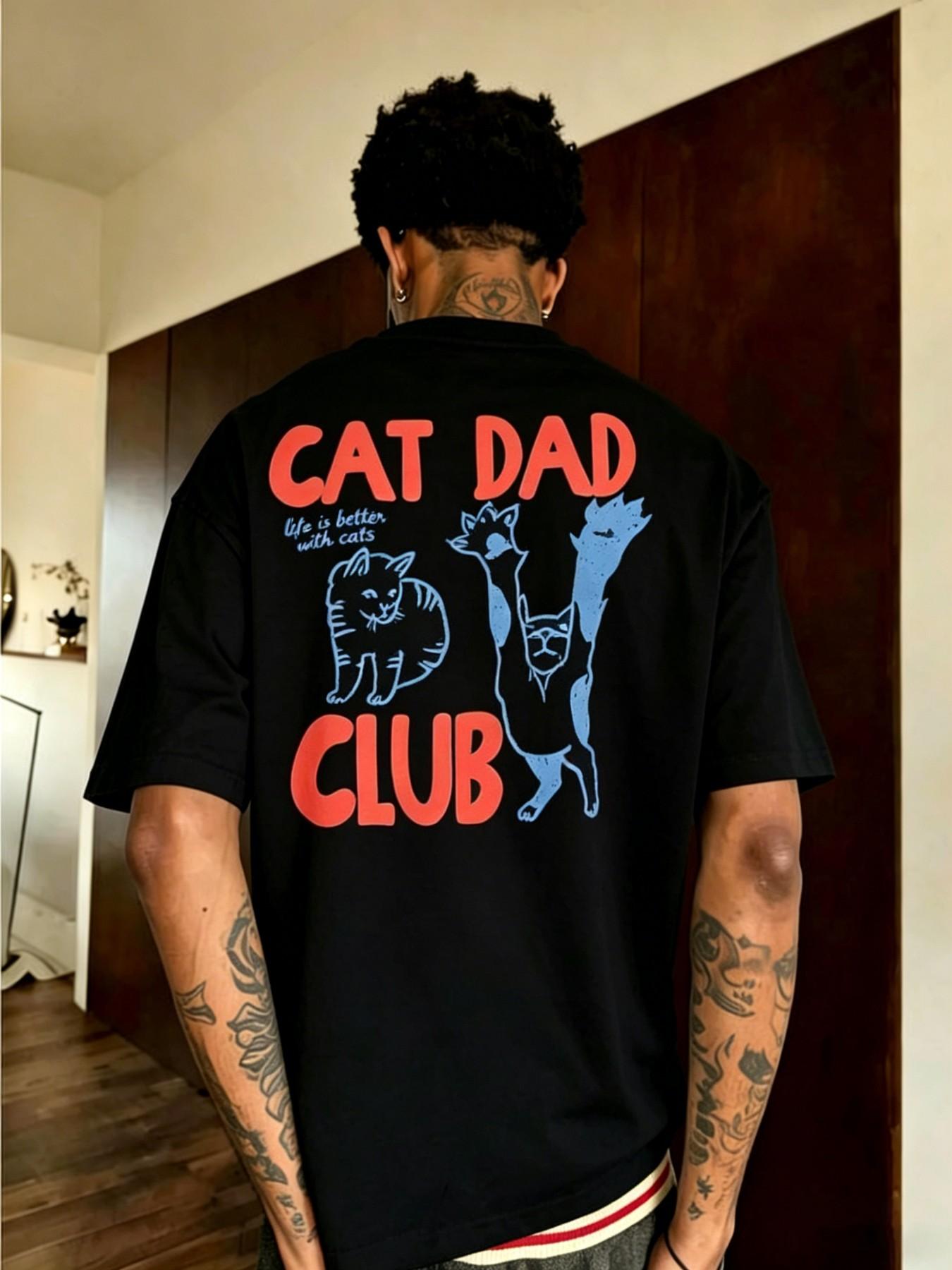 Men's Cat Dad Club Graphic T-Shirt, Large Cat Print, Loose Fit, Casual Summer Short Sleeve, Street Style, Long Clothing