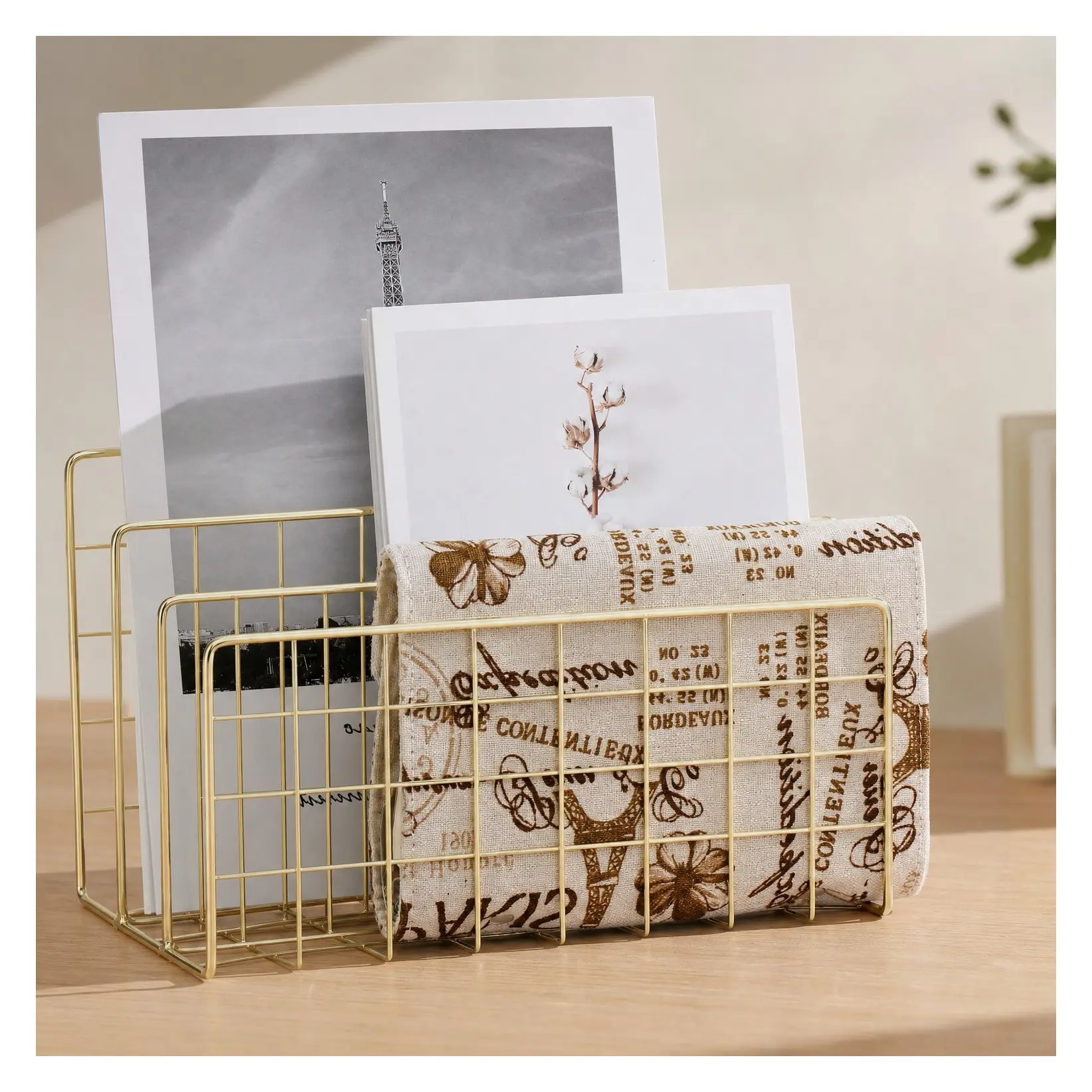 Desktop Metal Wire Mail Organizer with 3 Slots, Gold - Letter Sorter & Magazine Rack for Mail, Books, Postcards, Brochures, Mail HolderGift