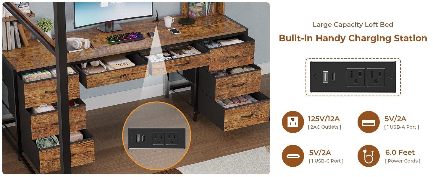 Sikaic Full Metal Loft LED Bed Frame with 8 Storage Drawers & Charging Station and 4 Open Storage Shelves Brown