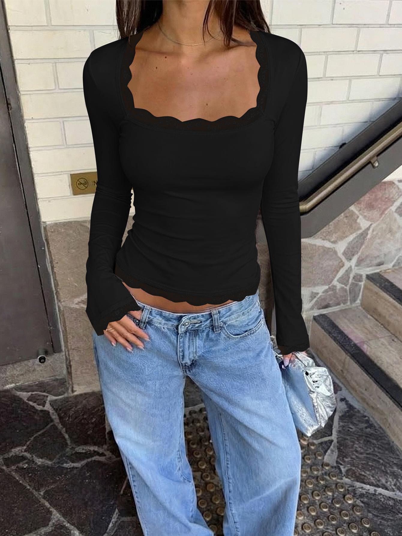 Women's Square Neck Top, Solid Lace Trim Long Sleeve T-Shirt, Elegant Chic Plain Flared Sleeves Slim Fit Crop Top for Spring, Fall and Winter, Womenswear, Blouses Shirts Tops, Casual Elegant Classy, Perfect for Parties, Dates and Everyday Wear
