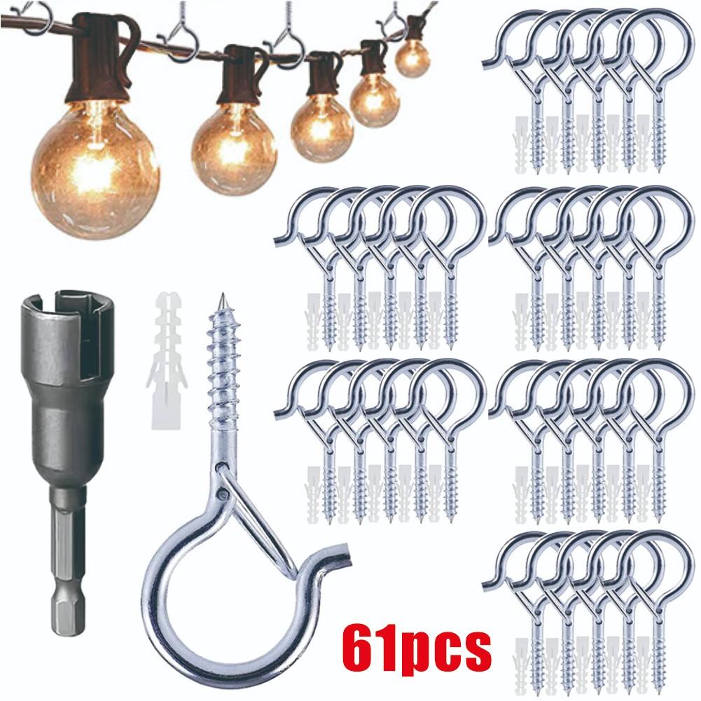 61pcs/set Outdoor windproof Heavy screw hook, easy to release Q-shaped hook, suitable for hanging Christmas lights, potted plants, ceiling hooks, including hexagonal wrench, Valentine's Day/Ramadan/Christmas decoration hook