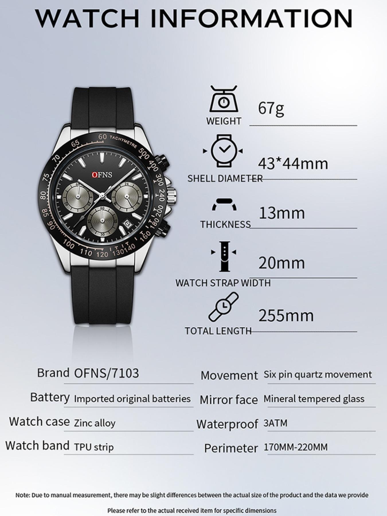 OFNS Quartz Watch, Waterproof Sport Three Eyes Six Hands Calendar, Men's Business Casual Night Light Fashion, Unisex Round Analog Face