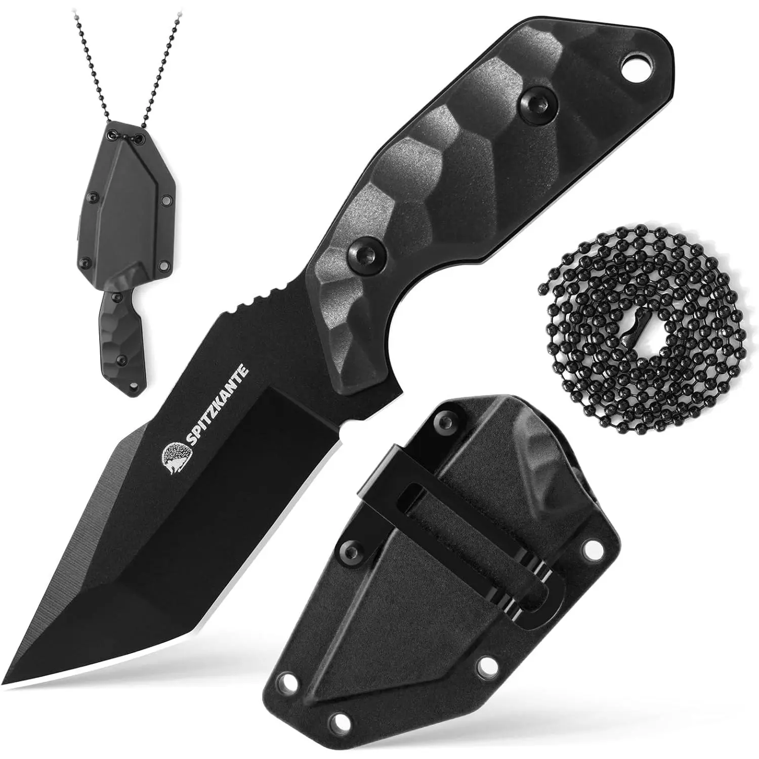 3.07" Neck Knife with Sheath X-TAN-K, Horizontal Carry Knife with Full Tang Tanto 5Cr14MoV Steel Blade, for EDC, Camping, Hiking