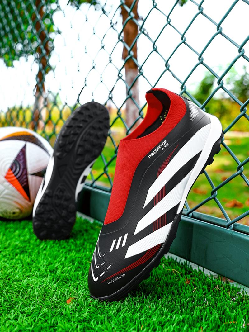 Men's Multi-Nail Football Shoes, Soccer Shoes Without Laces, Sporty PU Leather, Tie Dye Pattern, Strong Grip Rubber Sole, Comfortable Insole