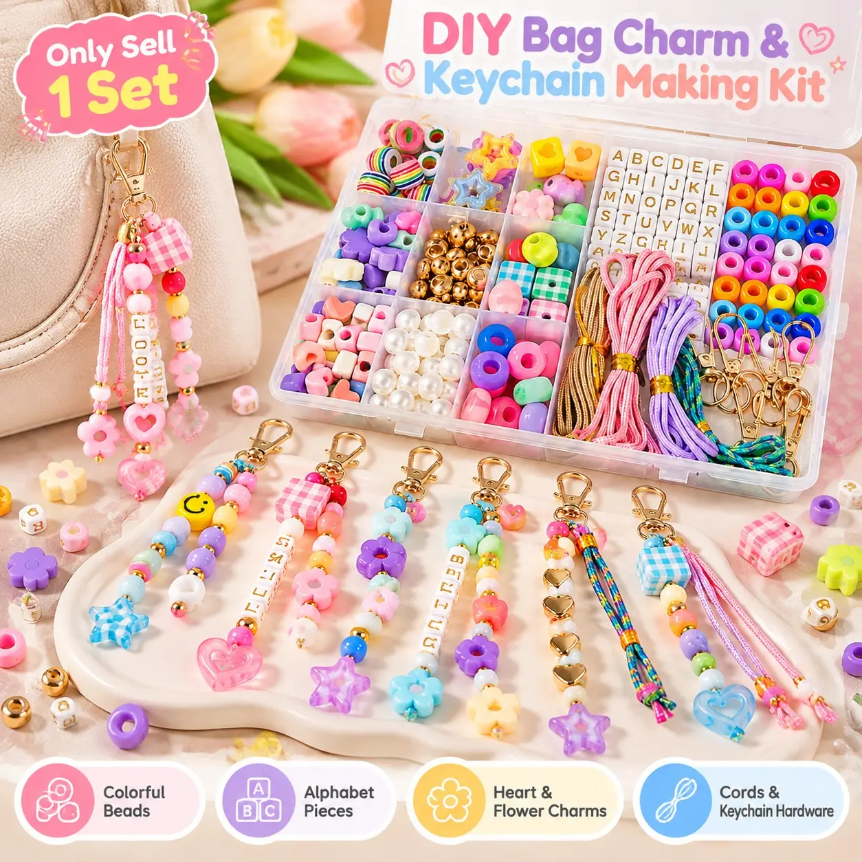 DIY Bag Charms and Keychain Making Kit, DIY Beaded Keychain Making Kit Colorful Bead DIY Bag Charm Kit, Heart and Flower Charms, and Cords for Personalized Bag Accessories and DIY Crafts