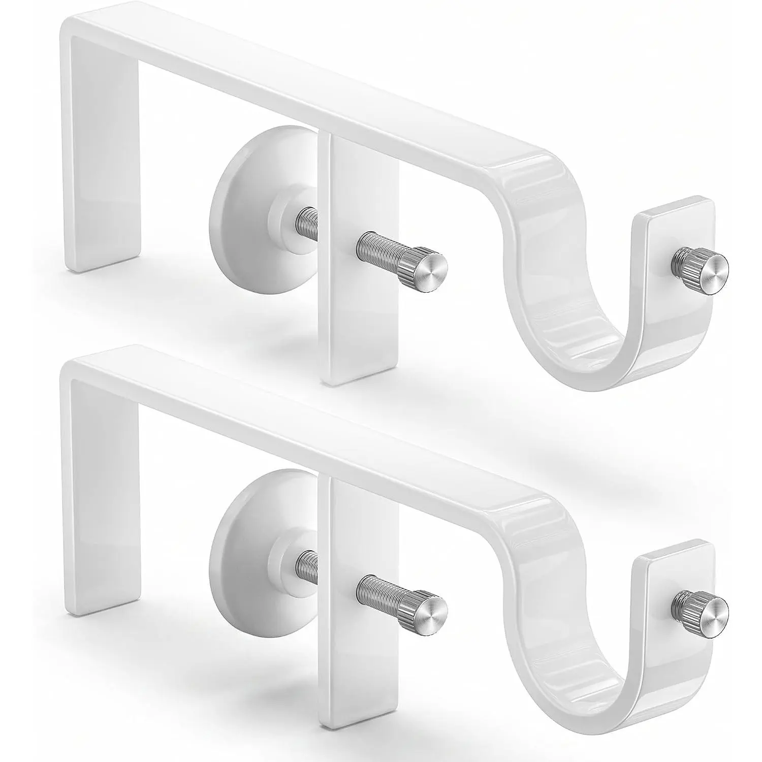 No Drill Curtain Rod Brackets for Blinds, Over Blind Curtain Rod Holders, Renter Friendly Window Curtain Rod Brackets for Outside Mounted Blinds, Adjustable Fit, Set of 2, White