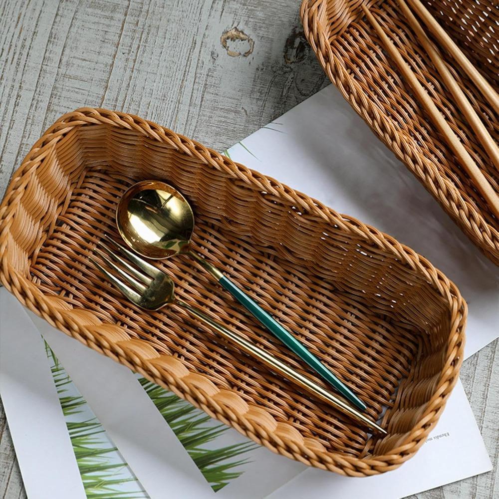 3PCS Chopsticks Fork Storage Tray Woven Cutlery Basket, Handwoven Imitation Rattan Silverware Tray for Countertops Cabinets Spoons