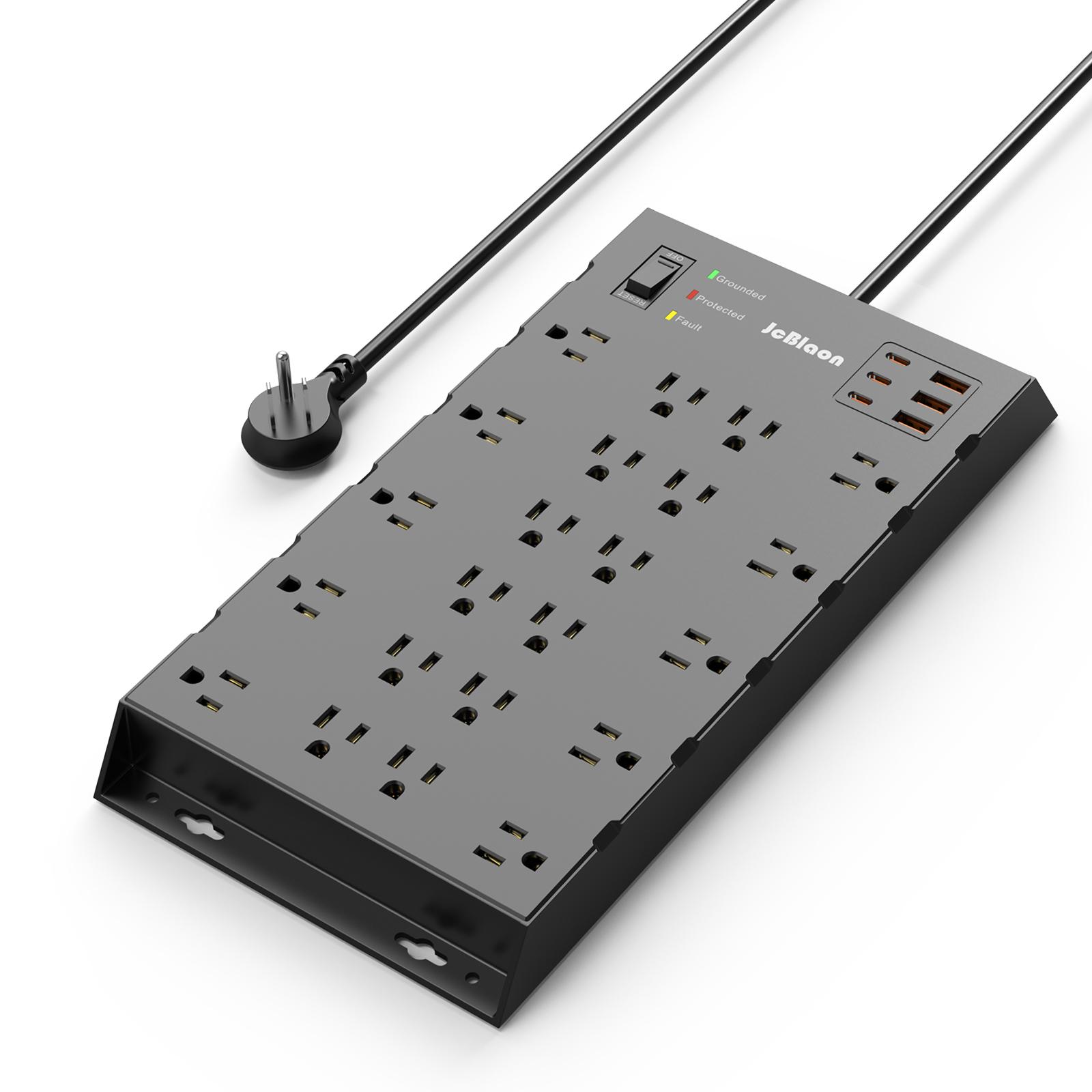 Power Strip, Surge Protector with 22 Outlets & 6 USB Charging Ports, 6.5Ft Flat Plug Heavy Duty Extension Cord (1875W/15A)，2100J, 14AWG, Black