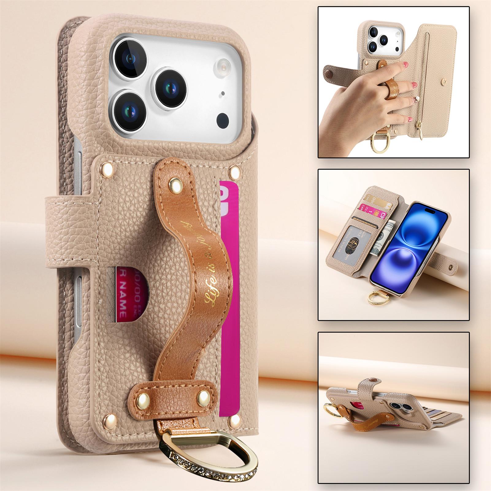 Leather Wallet Phone Case with Ring Strap Holder Stand, Multi Card Slots, Zipper Phone Pouch and Magnetic Closure, Fits iPhone 17/16/15 Series