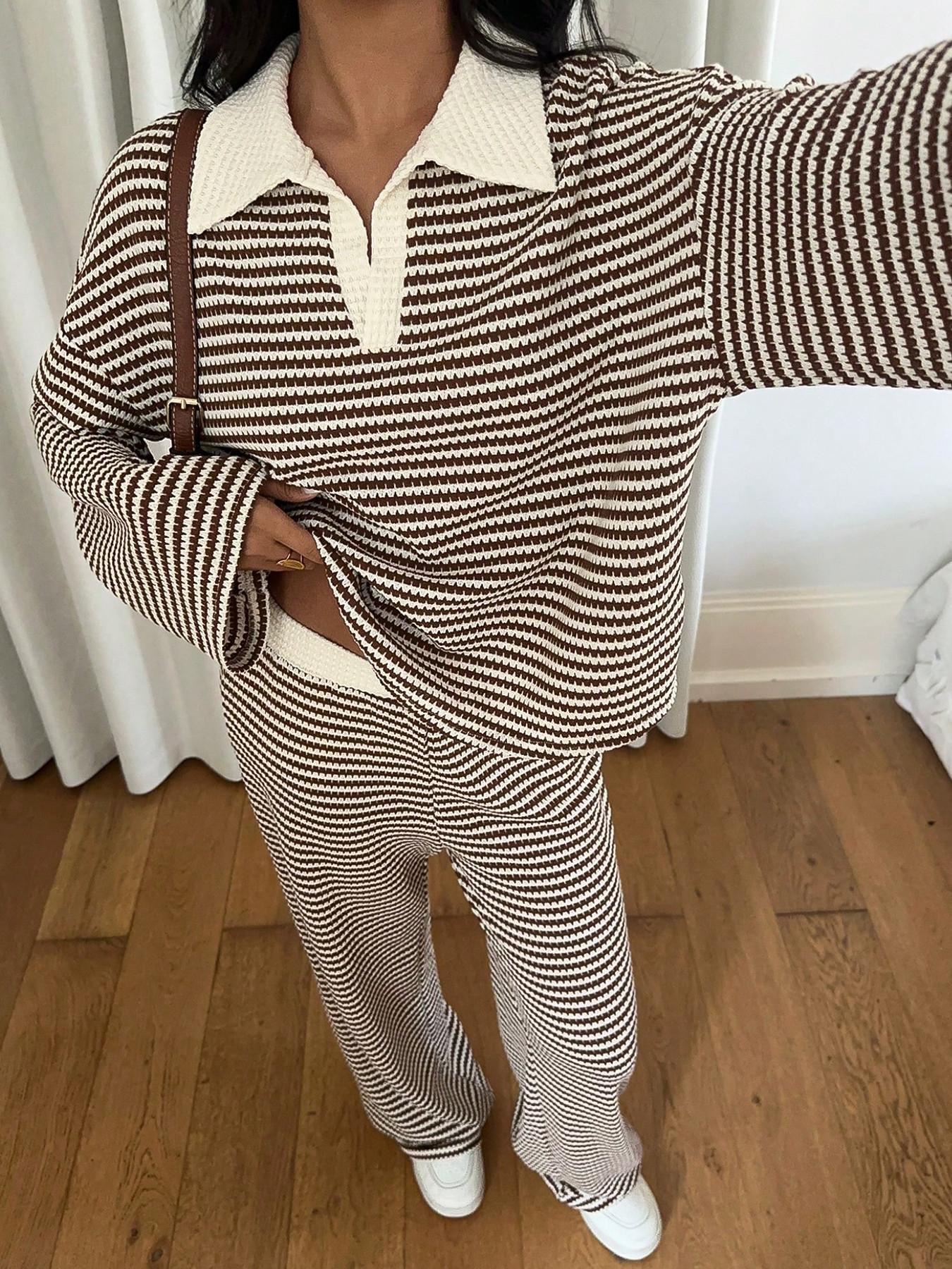 Women's 2pcs Set Loose Striped V-Neck Drop Shoulder Long Sleeve T-Shirt &Elastic Waist Striped Pants, Brown, Casual Sets For Women, Pajamas Set, Sleepwear Loungewear, Casual Sets For Women Brown Two Piece Set Women Women's 2pcs Set Loose Striped V-Neck Drop Shoulder Long Sleeve T-Shirt &Elastic Waist Striped Pants, Brown, Casual Sets For Women, Pajamas Set, Sleepwear Loungewear, Casual Sets For Women Brown Two Piece Set Women
