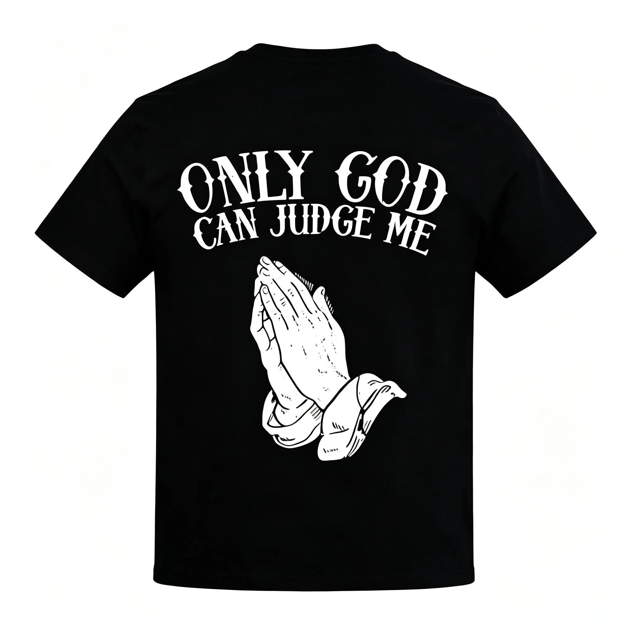 Men's Streetwear Menswear Round Neck Tshirt - "Only God Can Judge Me" Text Graphic, Casual Loose Fit Short Sleeve Top, Praying Hands Design, Casual Wear