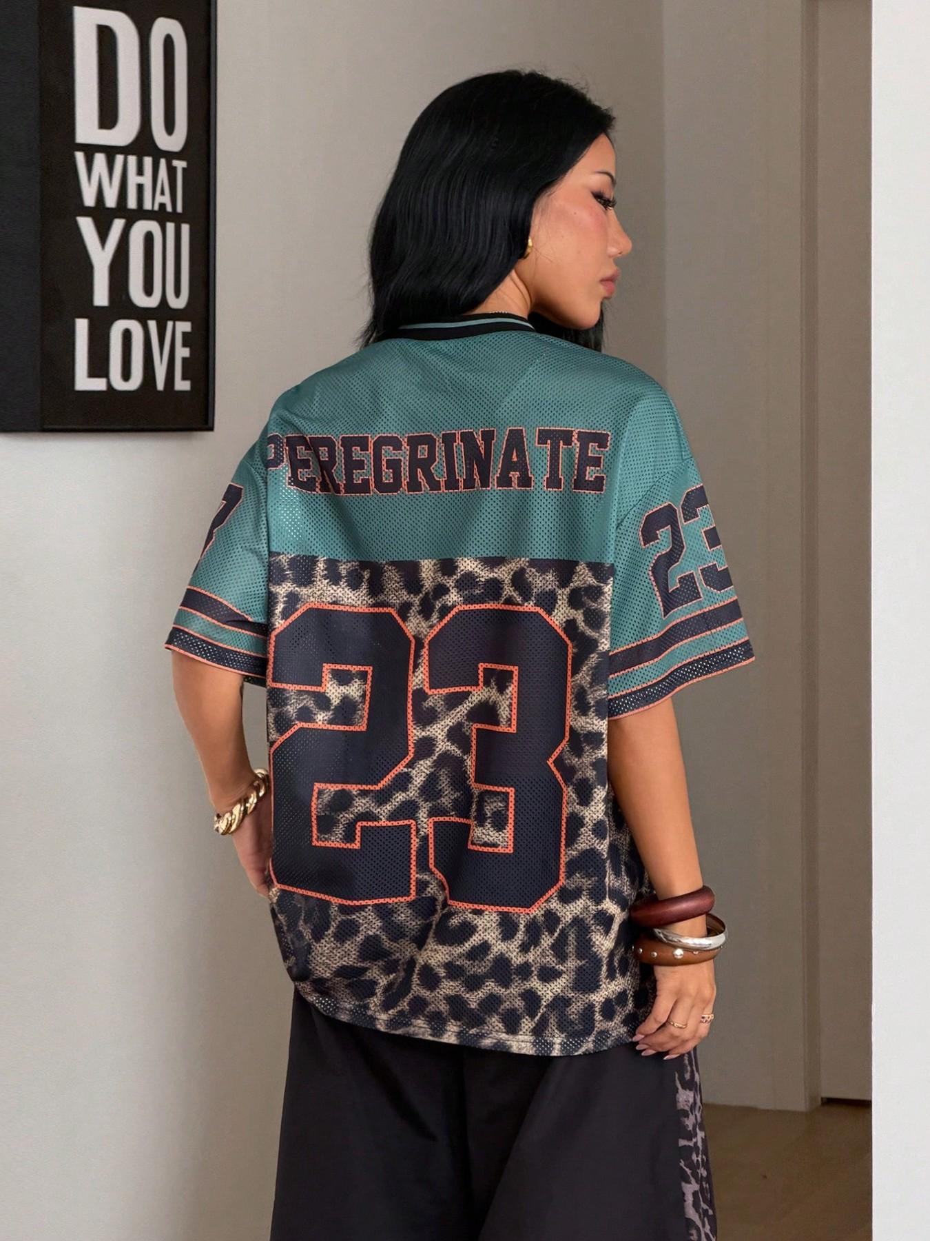 Y2K Retro Style Peregrinate 23 Leopard Print Jersey Top, Loose Fitted V-Neck Sport Tee, Hip-Hop Athletic Fashion Streetwear for All Seasons