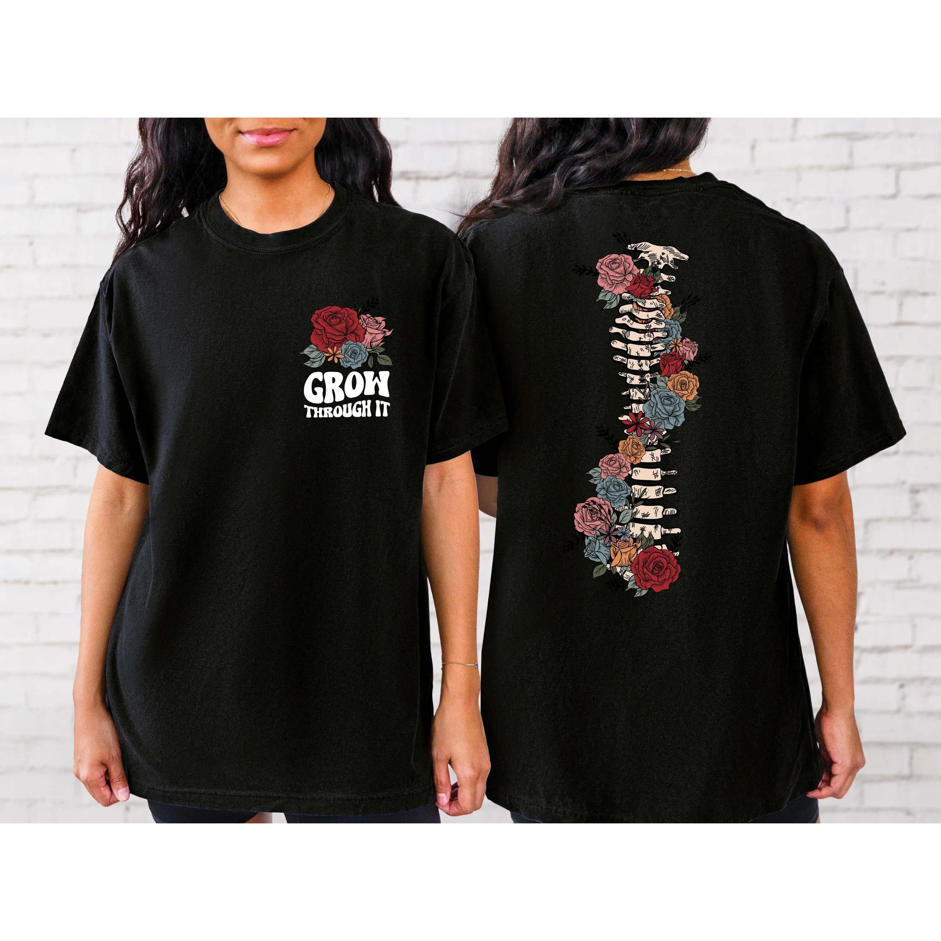 Grow Through It TShirt, Skeleton Mental Health Shirt, Positive Saying Gift Shirt, Flower Spine Shirt, Motivational Tee Shirt