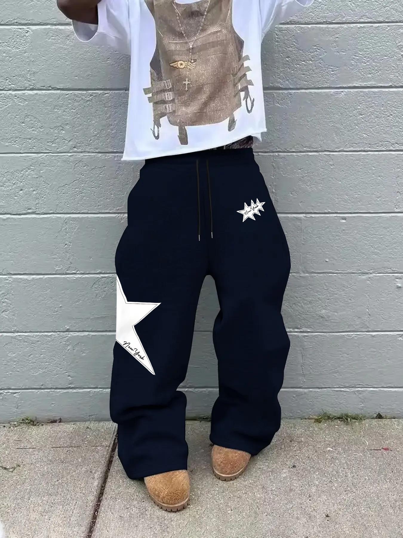 Men's Fashion Casual Straight Leg Pants, Star Print Drawstring Waist Sweatpants, Casual Streetwear Trousers, Summer Fitted Street Style, Perfect for Daily Wear