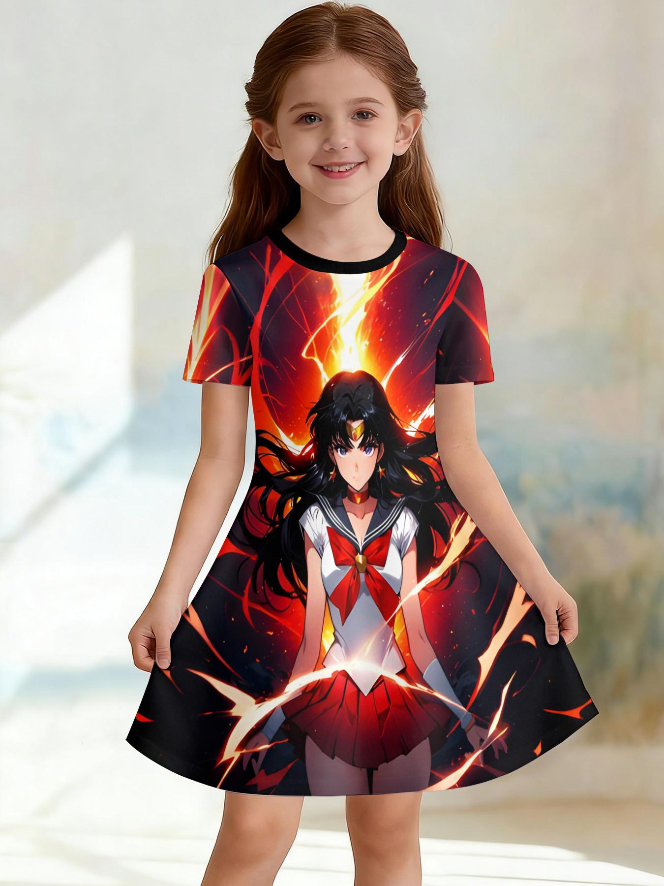 Girls' 3D Short Sleeve Dress, Sailor Moon Mars Fire Lady Full Print, Perfect for Parties, Festive Gifts, Birthday Presents