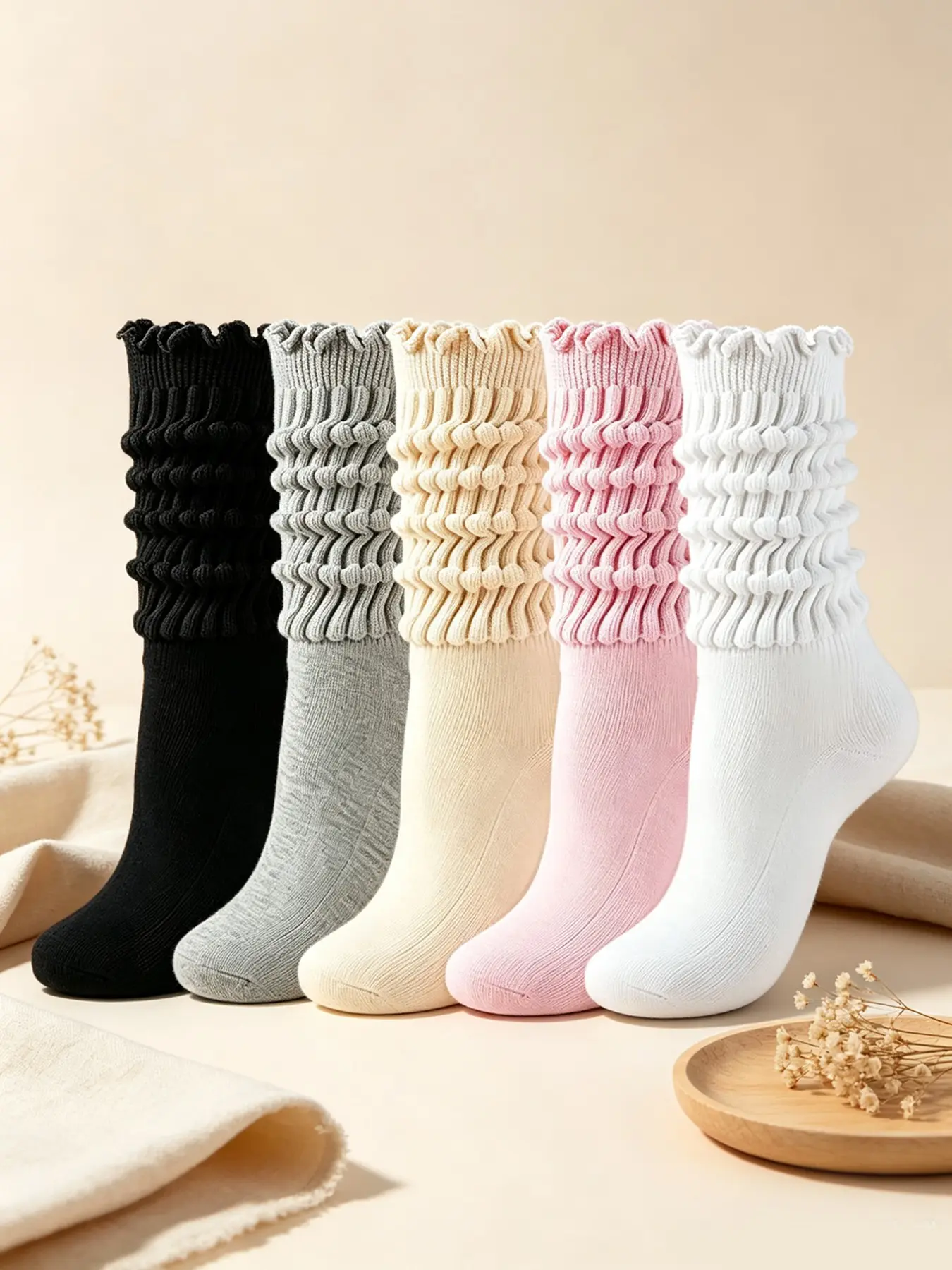 5 Pairs Women's Sweet Ruffle Trim Crew Socks, Comfortable Soft Knit Mid-Calf Socks, Multicolor, Ideal for Daily Wear and Casual