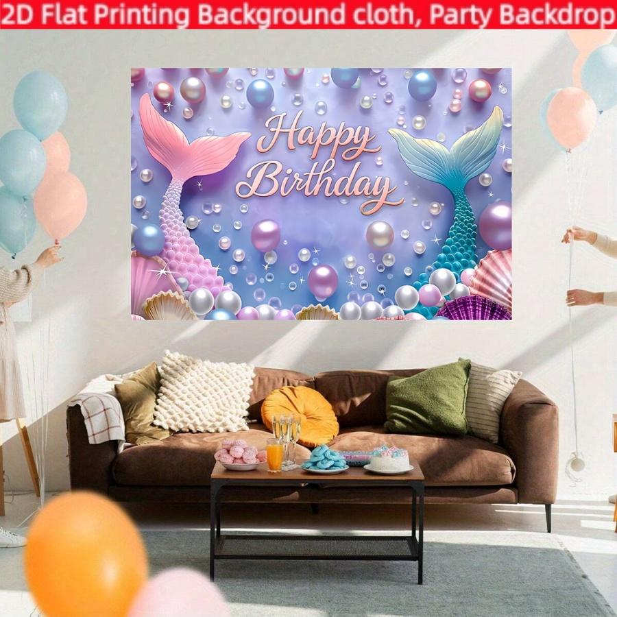 Mermaid Theme Birthday Banner, 2D Polyester Backdrop, Happy Birthday Underwater Fairy Tale Party Banner, Girl Child Photo Decoration